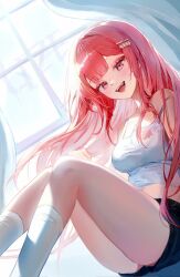 1girl akane_lize attattya71756 bare_shoulders black_shorts blonde_hair breasts character_name curtains fangs floating_hair highres indoors long_hair looking_at_viewer multicolored_hair open_mouth red_hair shorts sitting smile socks solo stellive streaked_hair teeth tongue upper_teeth_only virtual_youtuber white_socks window