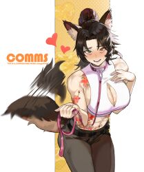Rule 34 | 1girl, abs, absurdres, afterimage, animal collar, animal ears, aqua eyes, arm tattoo, bare arms, bare shoulders, belt, black hair, breasts, brown pants, cleavage, cleavage cutout, clothing cutout, collar, commentary, commission, cowboy shot, crop top, english commentary, facial mark, fangs, flower tattoo, furrowed brow, hand on own chest, heart, heterochromia, highres, holding own leash, indie virtual youtuber, lady qathrin (vtuber), large breasts, leaning forward, leash, long hair, looking at viewer, open mouth, orange hair, pants, park ongjol, parted bangs, pet play, ponytail, shirt, sleeveless, sleeveless shirt, solo, stomach, stomach tattoo, tail, tail wagging, tattoo, white shirt, wolf ears, wolf girl, wolf tail
