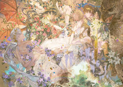 Rule 34 | 1girl, 5boys, anzishen, bai qi (love and producer), bare shoulders, bird, blue eyes, bottle, bracelet, brown hair, demon wings, earrings, flower, holding, holding sword, holding weapon, jewelry, li zeyan, lily (flower), love and producer, multiple boys, perfume bottle, protagonist (love and producer), red flower, red rose, ring, rose, sword, weapon, wings, xu mo, zhou quiluo