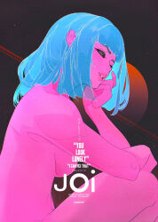 Rule 34 | 1girl, aqua hair, arm on knee, artist name, black background, black sclera, blade runner 2049, breasts, colored sclera, colored skin, commentary, completely nude, cyberpunk, elliemaplefox, english commentary, english text, eyelashes, hand on own face, highres, joi, large breasts, light particles, no pupils, nude, parted lips, pink lips, pink skin, red circle, simple background, sitting, solo, thick lips, upper body