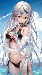1girl bikini black_bikini black_hair braid breasts closed_mouth cloud cloudy_sky cowboy_shot day grey_hair hair_between_eyes hair_ornament hairclip hand_up highres holding holding_own_hair hololive long_hair looking_at_viewer medium_breasts multicolored_hair navel outdoors red_eyes sakamata_chloe scottie_(phantom2) sky smile solo standing streaked_hair swimsuit very_long_hair virtual_youtuber wet x_hair_ornament