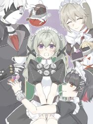 1boy 3girls ^_^ alexandrina_sebastiane animal_ears apron black_dress black_gloves black_hair black_vest blush cake candy closed_eyes colored_inner_hair corin_wickes dress ellen_joe fingerless_gloves food gloves grey_hair hair_between_eyes highres holding holding_cake holding_candy holding_food holding_lollipop lollipop long_hair maid maid_apron maid_headdress multicolored_hair multiple_girls nasu615 puffy_short_sleeves puffy_sleeves purple_eyes red_eyes screw_hair_ornament short_hair short_sleeves smile sweatdrop twintails vest von_lycaon white_fur wolf_boy wolf_ears zenless_zone_zero