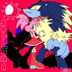 1boy 1girl alternate_hairstyle amy_rose animal_ears animal_nose blue_fur bracelet claws collar commentary couple dress fang furry furry_female furry_male furry_with_furry gatioxd gloves gold_bracelet green_eyes hedgehog_boy hedgehog_girl hetero highres jewelry pink_background pink_fur pink_hair ponytail red_collar red_dress red_footwear shoes short_tail simple_background sonic_(series) sonic_the_hedgehog sonic_the_werehog sonic_unleashed spanish_text spiked_collar spikes symbol-only_commentary tail teeth werehog white_gloves