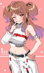 1girl absurdres anniversary bare_shoulders belt black_belt blush brown_hair commentary_request cowboy_shot crop_top cropped_shirt earrings grin hair_ornament hairclip hand_on_own_hip hand_up haru_yu highres hololive hololive_dev_is ichijou_ririka ichijou_ririka_(regloss_uniform) index_finger_raised jewelry long_hair long_sleeves looking_at_viewer midriff nail_polish navel one_eye_closed pants red_background red_eyes red_nails shirt single_earring single_sleeve smile solo two_side_up virtual_youtuber white_pants white_shirt