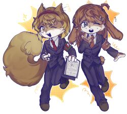 2girls :o ahoge animal_ears armband black_jacket black_pants blue_eyes brown_eyes brown_fur brown_hair brown_necktie brown_shoes clipboard collared_shirt full_body furrification furry hair_ornament hairband hairclip highres hod_(project_moon) holding holding_clipboard holding_pen jacket lobotomy_corporation long_sleeves looking_at_viewer lyn_belyaev malkuth_(project_moon) multiple_girls necktie one_eye_closed open_mouth pants pen project_moon rabbit_ears rabbit_girl rabbit_tail red_armband red_hairband shirt shoes short_hair simple_background squirrel_ears squirrel_girl squirrel_tail standing tail white_background white_shirt