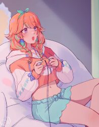 1girl aqua_bow aqua_shorts artist_logo bow braid cable commentary controller cropped_hoodie hair_bow highres holding holding_controller hololive hololive_english hood hood_down hoodie kokomi_(aniesuakkaman) logo navel open_mouth purple_eyes red_hair shorts sitting solo symbol-only_commentary takanashi_kiara twin_braids
