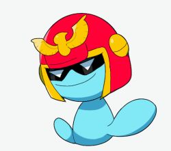 animal_focus blue_skin captain_falcon captain_falcon_(cosplay) colored_skin cosplay creatures_(company) drawfag f-zero game_freak gen_2_pokemon helmet looking_at_viewer nintendo no_humans pokemon pokemon_(creature) simple_background sitting smile solo tail white_background wooper