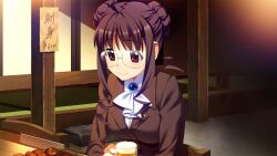 1girl :3 alcohol ascot beer beer_mug blue_brooch breasts brooch brown_hair brown_jacket chair closed_mouth cup double_bun food fumio_(ura_fmo) game_cg glasses grisaia_(series) grisaia_no_rakuen hair_bun holding holding_cup indoors jacket jewelry large_breasts long_sleeves mug non-web_source official_art on_chair red_eyes shirt short_hair_with_long_locks sitting skewer solo suit_jacket tachibana_chizuru_(grisaia) variant_set white_ascot white_shirt