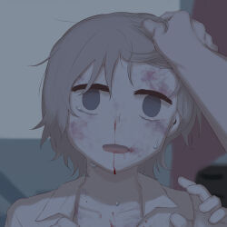 Rule 34 | 1boy, 1other, absurdres, androgynous, arm up, avogado6, bags under eyes, blood, bruise, bruise on face, chest of drawers, collarbone, collared shirt, commentary, crying, crying with eyes open, curtains, dark room, domestic violence, empty eyes, grabbing another&#039;s hair, grey eyes, grey hair, hand up, highres, indoors, injury, looking at viewer, messy hair, messy room, no pupils, nosebleed, open mouth, original, popped collar, portrait, pov, pov hands, red curtains, reverse ryona, shirt, short hair, tears, torn curtains