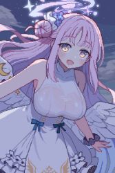 1girl angel_wings bare_shoulders black_scrunchie blue_archive blush breasts cloud commentary dress english_commentary feathered_wings flower gradient_halo hair_bun hair_flower hair_ornament halo large_breasts long_hair looking_at_viewer low_wings mika_(blue_archive) multicolored_halo night night_sky open_mouth outdoors pink_hair pink_halo pixel_art scrunchie see-through_clothes single_side_bun sky sleeveless sleeveless_dress smile solo star_(sky) starry_sky tinia_etru white_dress white_wings wing_ornament wings wrist_scrunchie yellow_eyes