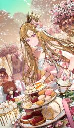 1girl 2boys asterios_(fate) balloon bare_shoulders beard black_hair blonde_hair blue_suit bow bowtie breasts cake chaldea_logo choker collarbone commentary crown cup dessert dress drink dutch_angle eating europa_(fate) facial_hair fate/grand_order fate_(series) flower food food_request formal_clothes fujimaru_ritsuka_(male) garden garnish gloves green_sky hair_flower hair_ornament heart_balloon holding holding_cup holding_food horns lace lace_choker lapels large_breasts long_hair looking_at_viewer macaron mini_crown multiple_boys nozaki_tsubata official_alternate_costume official_art orange_bow orange_bowtie orion_(bear)_(fate) outdoors parted_bangs pink_dress pink_flower pink_rose pink_theme red_suit rose sky smile solo_focus strapless strapless_dress stuffed_animal stuffed_toy suit swiss_roll tea_party teacup teddy_bear teeth third-party_source tiered_tray traditional_bowtie tree whipped_cream white_choker white_gloves white_hair