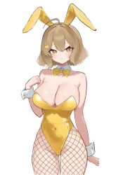 Rule 34 | 1girl, animal ear hairband, animal ears, anis (nikke), bare shoulders, blush, bow, bowtie, breasts, brown hair, cleavage, covered navel, cowboy shot, detached collar, fake animal ears, fishnet pantyhose, fishnets, goddess of victory: nikke, hair between eyes, hair intakes, hair ornament, hairband, highleg, highleg leotard, highres, large breasts, leotard, looking at viewer, pantyhose, peacem4ker, playboy bunny, rabbit ear hairband, rabbit ears, short hair, smile, solo, strapless, strapless leotard, traditional bowtie, white wrist cuffs, wrist cuffs, yellow bow, yellow bowtie, yellow eyes, yellow leotard