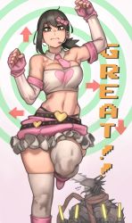 1boy 1girl :s absurdres alternate_costume arm_up arrow_(symbol) belt black_eyes black_hair bow breasts bright_pupils chainsaw chainsaw_man cleavage closed_mouth dancing denji_(chainsaw_man) elbow_gloves english_text fingerless_gloves frilled_skirt frills gloves glowstick hair_bow hand_up headset heart higashiyama_kobeni highres holding holding_glowstick idol idol_clothes kelvin_hiu leg_up looking_at_viewer medium_breasts microphone midriff mole mole_under_eye navel nervous pixel_text ponytail scarf short_hair skirt sleeveless solo_focus standing standing_on_one_leg thighhighs white_pupils