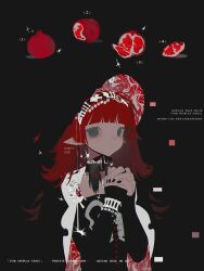 1girl black_background black_dress black_nails commission dress english_text fingernails food fruit grey_eyes hat highres izumi_087 long_hair looking_at_viewer medium_hair original own_hands_together pomegranate red_hair red_hat solo watermark