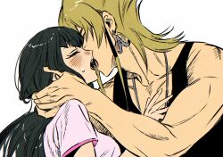 Rule 34 | 1boy, 1girl, black hair, black shirt, blonde hair, carly nagisa, closed eyes, couple, earrings, hetero, highres, jack atlas, jewelry, kiss, long hair, muscular, muscular male, ojing oppa (o b s 00), pink shirt, shirt, simple background, upper body, white background, yu-gi-oh!, yu-gi-oh! 5d&#039;s
