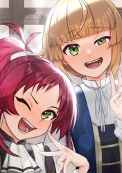2girls absurdres aisha_greyrat ascot blonde_hair blue_shirt green_eyes hair_ribbon highres multiple_girls mushoku_tensei norn_greyrat one_eye_closed open_mouth red_hair ribbon shirt short_hair smile takeman upper_body v white_ascot white_ribbon wince