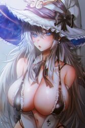 1girl absurdres bikini black_bikini black_bow black_ribbon blue_eyes blush bow breasts cleavage commentary covered_erect_nipples detached_collar earrings elbow_gloves english_commentary fang frilled_bikini frilled_hat frills gloves hair_between_eyes hat hat_bow highres huge_breasts jewelry light_particles long_hair looking_at_viewer maid maid_bikini micro_bikini navel neck_ribbon nompang open_mouth original revealing_clothes ribbon sidelocks solo star_(symbol) star_print swimsuit unconventional_maid upper_body very_long_hair white_gloves white_hair white_hat witch_hat