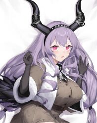 Rule 34 | 1girl, arknights, black gloves, black horns, breasts, buttons, commentary, dakimakura (medium), elbow gloves, english commentary, gloves, hands up, highres, horns, large breasts, large variant set, long hair, looking at viewer, lying, merchandise available, official alternate costume, open mouth, pink eyes, purple hair, solo, typhon (arknights), typhon (northern pathfinder) (arknights), variant set, very long hair, xooku