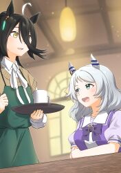 2girls absurdres ahoge alternate_costume animal_ears apron breasts brown_eyes brown_hair collarbone commentary_request cup grey_hair hair_between_eyes hair_ornament highres hishi_miracle_(umamusume) horse_ears horse_girl long_hair manhattan_cafe_(umamusume) matsuba_mattsu mug multiple_girls open_mouth school_uniform table tray umamusume window