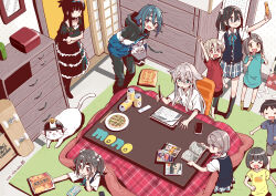 Rule 34 | 1other, 6+girls, akiyama haruno, amamiya satsuki (mono), anko (mono), arm up, bag of chips, black cat, black dress, black hair, black jacket, black pants, blanket, blue hair, blue jacket, blue vest, book, calendar (object), camera, can, cat, ceiling light, cellphone, character request, chasing, chiba sadoru, chopsticks, clock, collared shirt, commentary request, controller, copyright name, drawer, drawing tablet, dress, drink can, eating, food, frilled dress, frills, from above, gakkou gurashi!, gothic lolita, grey hair, guest art, hair ornament, hair over shoulder, hair scrunchie, hand on own chin, head rest, helmet, highres, holding, holding book, holding camera, holding helmet, holding stylus, hood, hooded jacket, indoors, jacket, kiriyama an, kite, komada kako, kotatsu, kurokuma torayo, lolita fashion, looking at viewer, lying, manga (object), mono (afro), multicolored jacket, multiple cats, multiple girls, okonomiyaki, on stomach, one side up, outstretched arm, pants, phone, plaid blanket, plaid clothes, plaid skirt, red eyes, remote control, rug, school uniform, scrunchie, second-party source, selfie, shikishima sakurako, shirt, short hair, shouji, signature, sitting, skateboard, skirt, sliding doors, smartphone, socks, stylus, sweater vest, table, taishou (mono), taking picture, tatami, thermos, thick eyebrows, twintails, under kotatsu, under table, v, vest, white cat, white jacket, white shirt, zaisu