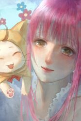 1girl ^_^ absurdres ahoge animal animal_on_shoulder blue_flower blue_sky blunt_bangs bow bowtie brown_eyes cat cat_on_shoulder chinese_commentary cloak closed_eyes closed_mouth clothed_animal commentary_request day ear_covers eyelashes flower happy head_tilt highres hood hood_up hooded_cloak lace lace-trimmed_shirt lace_trim light_blush lipstick long_hair makeup momo_(nikki) nikki_(nikki) nikki_(series) open_mouth outdoors pawpads pink_flower pink_hair pink_lips realistic red_bow red_bowtie sea0 shining_nikki shirt sidelocks sky smile traditional_bowtie upper_body whiskers white_cat white_shirt yellow_cloak