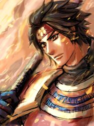 Rule 34 | armor, black hair, headband, male focus, polearm, sanada yukimura, sengoku musou, sketch, spear, weapon