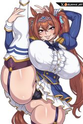 1girl animal_ears arm_above_head arms_up black_panties blannis blazer blue_bow blue_bowtie blue_jacket boots bow bowtie breasts brown_hair cameltoe clothes_lift covered_erect_nipples curvy daiwa_scarlet_(umamusume) eyebrows_hidden_by_hair eyelashes feet_out_of_frame female_focus fingernails grin hand_on_own_leg horse_ears horse_girl horse_tail huge_breasts jacket leg_up lips long_fingernails long_hair long_sleeves looking_at_viewer miniskirt multicolored_jacket nail_polish naughty_face panties purple_thighhighs red_eyes shirt simple_background skirt skirt_lift smile solo split standing standing_on_one_leg tail teeth thick_thighs thigh_boots thigh_strap thighhighs thighs tiara twintails two-tone_jacket umamusume underwear v white_background white_boots white_nails white_shirt white_skirt wide_hips yellow_jacket