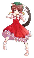 Rule 34 | 1girl, alphes (style), animal ear piercing, animal ears, bobby socks, bow, bowtie, brown eyes, brown hair, cat ears, cat girl, cat tail, chen, commentary request, dairi, earrings, frills, full body, gold trim, green hat, hair between eyes, hands up, hat, jewelry, large variant set, long sleeves, mob cap, multiple tails, nail polish, nekomata, no shoes, parody, parted lips, petticoat, pigeon-toed, puffy long sleeves, puffy sleeves, red nails, red skirt, red vest, short hair, single earring, skirt, skirt set, socks, solo, style parody, sweatdrop, tachi-e, tail, tail raised, touhou, transparent background, two tails, variant set, vest, white bow, white bowtie, white petticoat