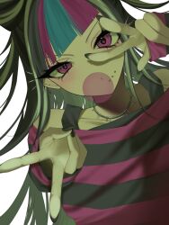 1girl alternate_costume bare_shoulders black_nails blowing_bubbles chewing_gum collarbone commentary danganronpa_(series) danganronpa_2:_goodbye_despair ear_piercing face_piercing fingernails hair_horns highres jewelry leaning_to_the_side light_blush long_fingernails long_hair looking_at_viewer mikomi00 mioda_ibuki multicolored_hair necklace off-shoulder_shirt off_shoulder piercing purple_eyes shirt simple_background solo streaked_hair striped_clothes striped_shirt triple_side_labret_piercing upper_body v w white_background