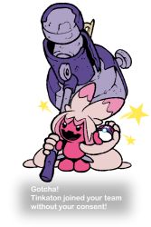 1girl artist_request english_text hammer happy holding holding_hammer holding_poke_ball huge_weapon master_ball nintendo no_humans poke_ball pokemon pokemon_(creature) smile solo standing tinkaton weapon white_background