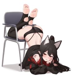 1girl absurdres ass bare_shoulders black_hair black_jacket black_panties black_thighhighs breasts butt_crack chair closed_mouth commentary_request commission crop_top extra_ears half_updo hand_on_own_cheek hand_on_own_face head_rest highres jacket korean_commentary legs_up long_hair long_sleeves looking_at_viewer off_shoulder original panties pharamacom podo_(hrodvitnir) pointy_ears red_eyes red_shirt second-party_source shirt shoulder_tattoo sleeveless sleeveless_shirt small_breasts smile solo stirrup_legwear tattoo thighhighs toeless_legwear toes tongue tongue_out top-down_bottom-up underwear