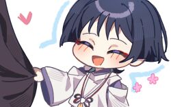 Rule 34 | 1boy, absurdres, black hair, blunt ends, blush, chibi, closed eyes, clothes grab, clothing cutout, eyeliner, eyeshadow, facing viewer, feathers, flower, genshin impact, grey pupils, hand up, heart, highres, jairosan, japanese clothes, kariginu, kimono, long sleeves, makeup, male focus, open mouth, pink flower, pom pom (clothes), purple kimono, purple sleeves, red eyeliner, red eyeshadow, scaramouche (genshin impact), scaramouche (kabukimono) (genshin impact), shoulder cutout, sleeve grab, star (symbol), string, tareme, upper body, white background, white sleeves, wide sleeves, wispy bangs, yellow feathers