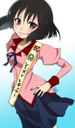 Rule 34 | 1girl, 756san, aqua background, artist logo, artist name, award ribbon, black hair, black skirt, blue nails, blunt ends, blush, bob cut, bow, bowtie, breasts, celebration, closed mouth, collarbone, cowboy shot, eyelashes, floating clothes, floating hair, from above, from side, gradient background, hair between eyes, hands on own hips, higasa seiu, highres, holding, holding sign, inverted bob, juliet sleeves, logo, long sleeves, looking at viewer, looking to the side, looking up, monogatari (series), nail polish, naoetsu high school uniform, neck ribbon, pink shirt, pleated skirt, puffy sleeves, purple bow, purple bowtie, purple eyes, purple ribbon, red trim, ribbon, sash, school uniform, shinobumonogatari, shirt, short hair, shoulder sash, sign, skirt, small breasts, smile, smug, solo, translated, v-shaped eyebrows, white background, white sash, wind, yellow trim