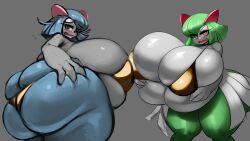 2girls @_@ absurdres alternate_color ass bikini blue_hair blue_skin blush breasts bursting_breasts colored_skin curvy female_focus gen_3_pokemon gigantic_breasts gipehtyboo gold_bikini grabbing_own_breast green_hair green_skin grey_background highres huge_ass kirlia micro_bikini multiple_girls nintendo pokemon red_eyes shiny_pokemon shiny_skin short_hair skindentation swimsuit thick_thighs thighs white_skin wide_hips
