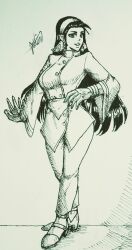 1girl black_eyes black_hair breasts curvy dress earrings female_focus gutimdesenheiro hairband huge_breasts jewelry kagura_chizuru large_breasts long_hair long_sleeves pale_skin pants shoes smile standing the_king_of_fighters thick_thighs thighs wide_hips