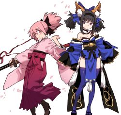 Rule 34 | 2girls, absurdres, akemi homura, animal ears, black bow, black hair, blue kimono, blue thighhighs, bow, cosplay, ebora, fate/extra, fate/grand order, fate (series), fox ears, fox girl, fox tail, gudaguda meiji ishin, hakama, hakama skirt, highres, japanese clothes, kaname madoka, katana, kimono, koha-ace, long hair, mahou shoujo madoka magica, meiji schoolgirl uniform, multiple girls, okita souji (fate), okita souji (first ascension) (fate), okita souji (koha-ace), okita souji (koha-ace) (cosplay), pink eyes, pink hair, pink kimono, purple eyes, red hakama, ribbon, saitou chiwa, skirt, sword, tail, tamamo (fate), tamamo no mae (fate/extra), tamamo no mae (fate/extra) (cosplay), thighhighs, twintails, voice actor connection, weapon, yuuki aoi