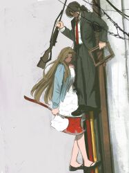 1girl alternate_costume axe black_jacket black_pants black_shoes blue_eyes blue_jacket brown_hair canvas_(object) dress full_body glasses gregor_(project_moon) grey_background gun highres holding holding_axe holding_gun holding_weapon jacket limbus_company long_hair long_sleeves looking_at_another low_ponytail necktie ntcke pants parted_bangs ponytail project_moon red_necktie rifle rodion_(project_moon) shirt shoes simple_background standing weapon white_dress white_shirt yellow_eyes