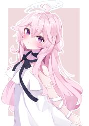 1girl ahoge alternate_costume bare_shoulders black_bow blush border bow choker closed_mouth collarbone crossed_bangs dress female_focus flat_chest frilled_dress frills hair_between_eyes hair_flaps halo highres hoshino_(blue_archive) long_hair looking_at_viewer pink_background pink_eyes pink_hair pink_halo purple_eyes simple_background six_box sleeveless smile solo soraha_(vrchat) two-tone_background vrchat white_border white_dress