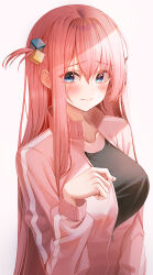 1girl absurdres arm_at_side black_shirt blue_eyes blush bocchi_the_rock! breasts closed_mouth collarbone commentary_request cube_hair_ornament embarrassed eyes_visible_through_hair gotoh_hitori hair_ornament hair_over_eyes hand_up highres hsxxx jacket large_breasts long_bangs long_hair long_sleeves looking_at_viewer partially_unzipped pink_hair pink_jacket raised_inner_eyebrows shirt simple_background solo standing straight_hair t-shirt track_jacket upper_body very_long_hair white_background zipper_pull_tab