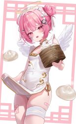 1girl angel_wings bandaged_leg bandages bandaid_on_thigh steamed_bun blush breasts china_dress chinese_clothes clothes_lift commentary_request double_bun dress dress_lift fang food gauze gauze_on_cheek hair_bun hair_ornament hairclip halo highres holding lifting_own_clothes looking_at_viewer mini_wings open_mouth original panties pelvic_curtain pink_eyes pink_hair riko_(rik0ring) short_dress short_hair sidelocks skin_fang skindentation sleeveless sleeveless_dress small_breasts smile solo sweat thighs underwear white_background white_dress white_panties white_wings wings
