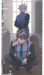 2boys absurdres ahoge arms_behind_back black_hair black_pants black_shirt black_shoes blue_eyes blue_necktie book book_stack bookshelf charlemagne_(fate) couch fate/grand_order fate_(series) full_body gloves grey_hair hand_on_own_face highres indoors james_moriarty_(ruler)_(fate) looking_at_viewer male_focus multicolored_hair multiple_boys necktie pants pillarboxed pinstripe_pattern pinstripe_vest shirt shoes short_hair squatting standing streaked_hair suspenders tia_(cocorosso) vest white_gloves white_vest window