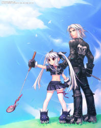 1boy 1girl bird cloud day golf kooh max max_(pangya) midriff pangya seedark sky thighhighs