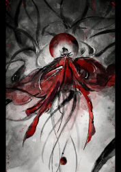 Rule 34 | 1boy, absurdly long hair, absurdres, black hair, bone, chinese clothes, chinese commentary, coat, covered mouth, dao gui yi xian, faux traditional media, floating, full body, full moon, hair bun, hanfu, highres, holding, holding bone, holding sword, holding weapon, ink, ink wash painting, li huowang, long hair, long sleeves, luobimaoqiuqiu, male focus, mask, monochrome, monster, monster boy, monsterification, moon, mouth veil, pillarboxed, red coat, red hair, red hanfu, red moon, red theme, robe, single hair bun, solo, spine, spine sword, spot color, sword, sword on back, tentacles, veil, very long hair, weapon, weapon on back, wide sleeves