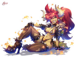 1girl alternate_costume anklet arm_support arm_up backpack bag bikini black_bikini black_jacket black_shoes bowsette breasts brooch brown_thighhighs burning collar cropped_jacket crown earrings evil_grin evil_smile facial_scar fangs fingerless_gloves fingernails fire forked_eyebrows fur_collar gloves grin hand_on_own_knee high_heels highres horns jacket jewelry knee_up leaning_back lipstick long_fingernails long_hair looking_at_viewer makeup mario_(series) medium_breasts multiple_scars nail_polish navel new_super_mario_bros._u_deluxe nicola_saviori nintendo open_clothes open_jacket outstretched_arms pointy_ears print_bikini red_hair red_lips red_nails scar scar_on_arm scar_on_cheek scar_on_face scar_on_leg scar_on_stomach scars_all_over shoes shoulder_spikes side-tie_bikini_bottom sitting skull_print slit_pupils smile solo spiked_anklet spiked_collar spiked_tail spiked_thighlet spikes stomach strap_gap swimsuit tail tan thighhighs thighlet too_many torn_clothes torn_thighhighs v-shaped_eyebrows very_long_hair yellow_eyes