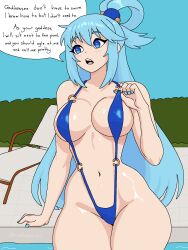 1girl adjusting_clothes adjusting_swimsuit aqua_(konosuba) arm_rest beach_chair bikini blue_eyes blue_hair blue_nails blue_sky blue_slingshot_swimsuit blush breasts chair cleavage commentary concrete cowboy_shot curvy english_text exhibitionism florida_bikini grass hair_between_eyes hair_bobbles hair_ornament hair_rings hedge highres kono_subarashii_sekai_ni_shukufuku_wo! large_breasts long_hair looking_to_the_side nail_polish navel nevtelen open_mouth outdoors partially_submerged pool poolside public_indecency revealing_clothes sideboob sidelocks sitting sky slingshot_swimsuit solo speech_bubble stomach swimsuit talking teeth tongue twitter_username underboob upper_teeth_only watermark