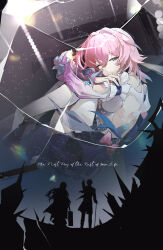 2girls absurdres blue_dress blue_hair bow closed_mouth clothing_cutout colored_tips commentary_request detached_sleeves dress english_text gradient_sleeves hair_intakes highres himeko_(honkai:_star_rail) honkai:_star_rail honkai_(series) long_sleeves march_7th_(honkai:_star_rail) march_7th_(nascent_spring)_(honkai:_star_rail) medium_hair multicolored_hair multiple_girls official_alternate_costume one_eye_closed pink_bow pink_hair pink_sleeves refa short_dress smile welt_yang white_sleeves