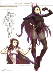 1girl black_hair bodysuit boots braid breasts cleavage_cutout clothing_cutout female_focus fingerless_gloves flower gloves hair_bun hair_flower hair_ornament heel_up highres horns large_breasts latex latex_suit leather long_hair lotus luong medium_breasts pale_skin see-through_clothes shiny_clothes skin_tight snk_heroines:_tag_team_frenzy socks standing the_king_of_fighters thighs very_long_hair