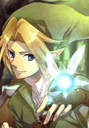 1boy blonde_hair blue_eyes earrings fairy gloves hat jewelry kai28 link navi nintendo pointy_ears shield smile the_legend_of_zelda the_legend_of_zelda:_ocarina_of_time