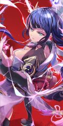 1girl absurdres armor artist_name back_tattoo breasts bridal_gauntlets cleavage commentary_request electricity genshin_impact highres hooriyuu japanese_clothes kimono large_breasts looking_to_the_side mitsudomoe_(shape) mole mole_under_eye obi parted_lips pauldrons purple_eyes purple_hair purple_kimono raiden_shogun red_background sash shoulder_armor shrug_(clothing) single_pauldron solo tattoo tomoe_(symbol)