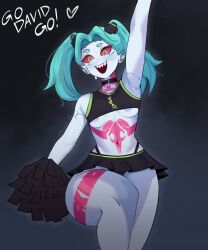 1girl animal_ears arm_up bare_shoulders breasts cheerleader colored_skin curvy cyberpunk_(series) cyberpunk_edgerunners english_text female_focus fi_zz_ill happy heart highres holding holding_pom_poms jumping long_hair miniskirt naughty_face navel nipples no_bra pom_pom_(cheerleading) pom_poms rebecca_(cyberpunk) sharp_teeth shiny_skin simple_background skirt small_breasts teeth thick_thighs thighs thong twintails upper_teeth_only white_skin wide_hips